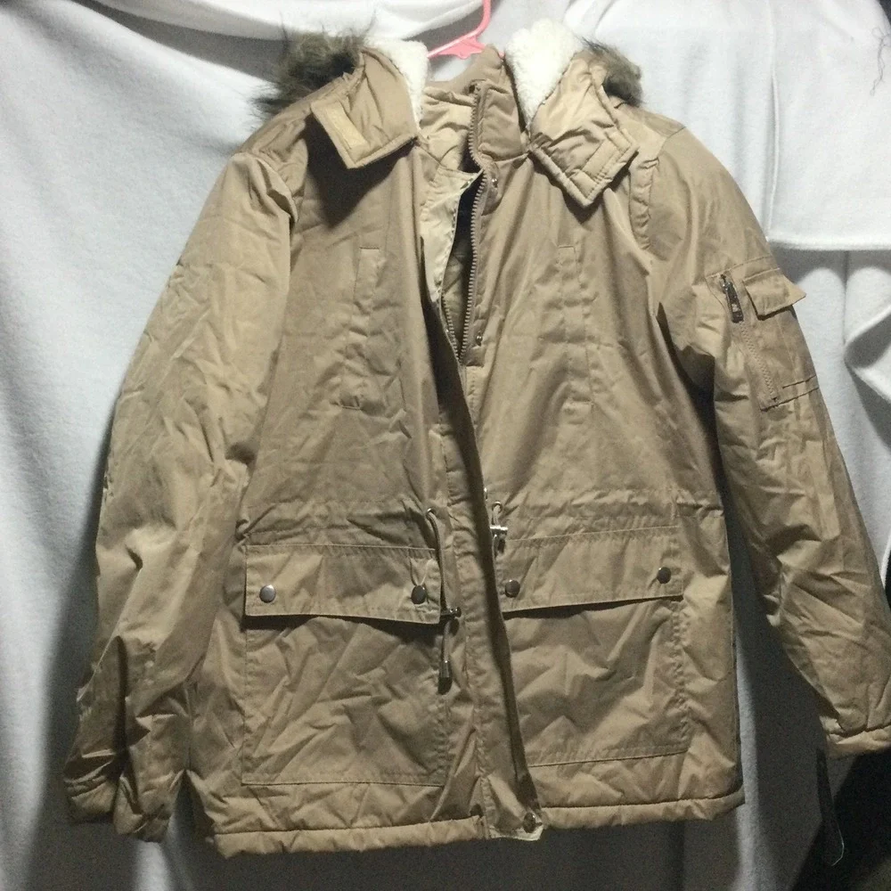 Bella Donna Moda Italiana Beige Quilted Lined Parka Jacket with Faux Fur Hood XL